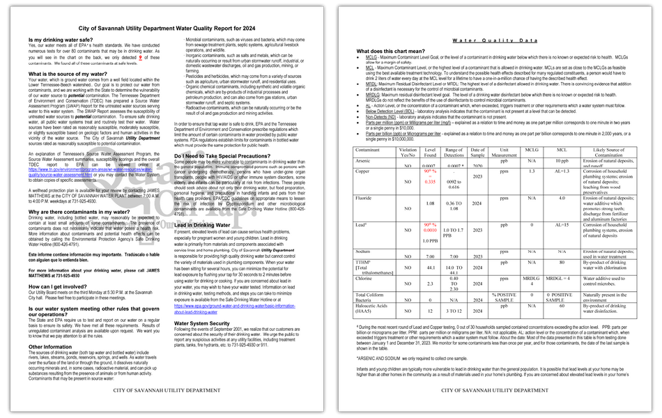 Thumbnail linking to the Savannah Utility Department Water Quality Report for 2024