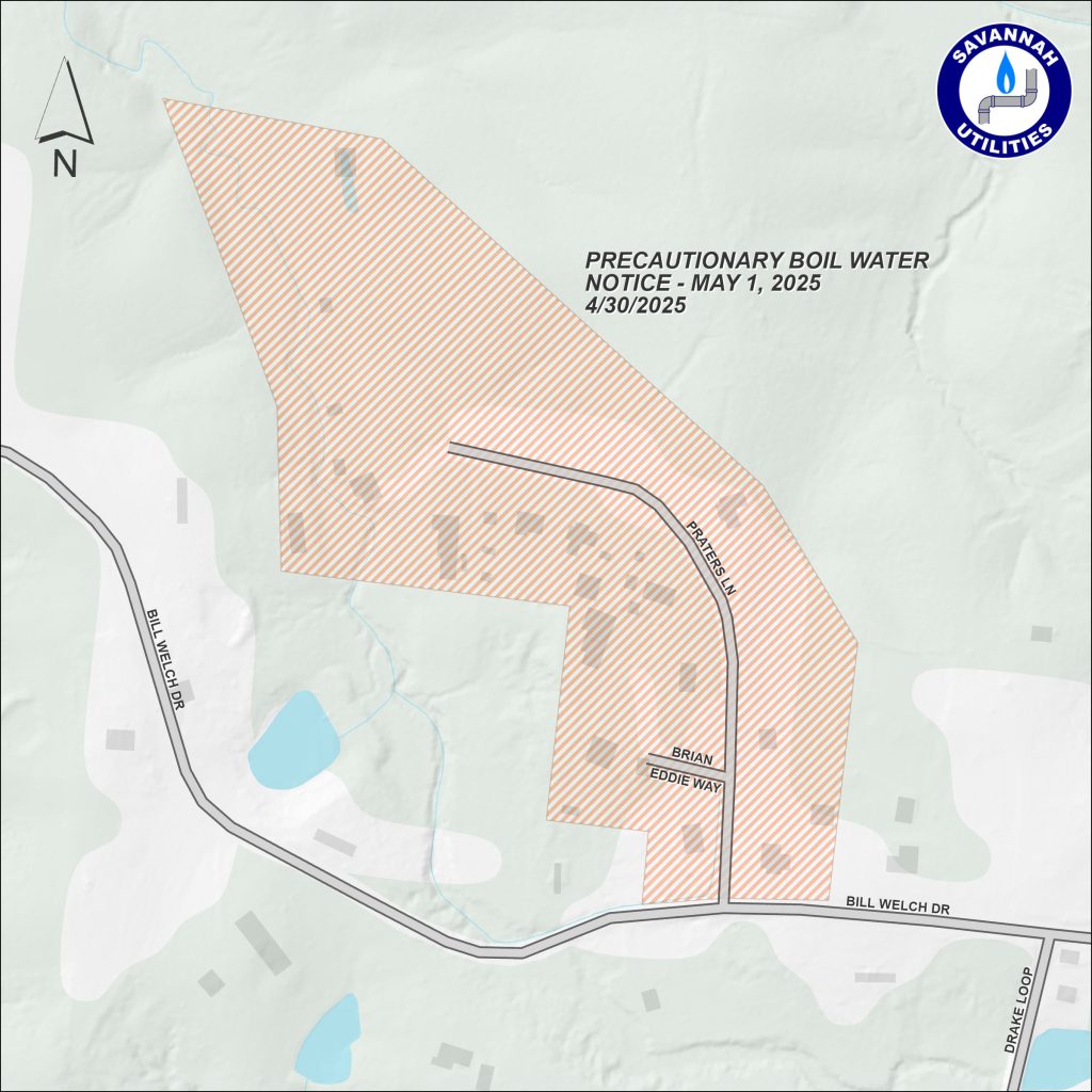 Precautionary Boil Water Notice - May 1, 2025 - Map of affected area (Praters Lane and Brian Eddie Way in the Nixon Community)