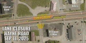 Map of Wayne Road Lane Closure for Sep 11, 2025. Westbound lanes closed north of the intersection of Fairground Street in Savannah, TN.