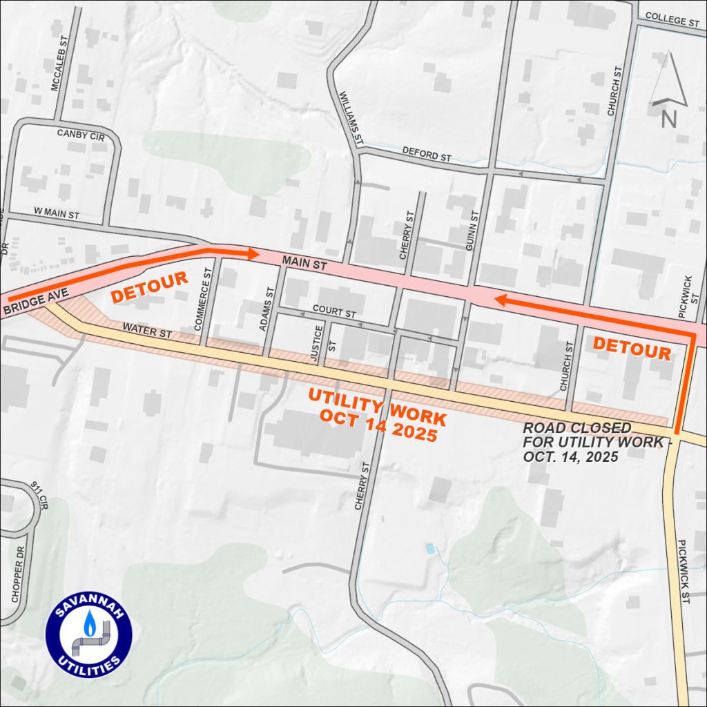 Map - Water Street Closed for Utility Work - Oct 14 2025