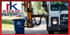 Photo of garbage truck picking up trash bin with a mechanical arm and RaeKar logo